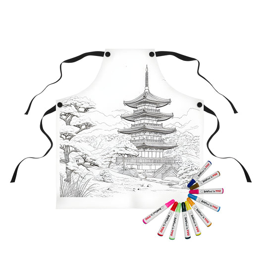 Aprons with coloring book inspired pagoda designs, traditional architecture, nature scenes and artistic fabric markers