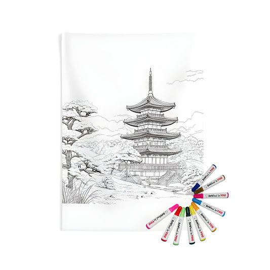 Vibrant coloring kit featuring an Indoor Wall Tapestry with a stunning five-story pagoda design