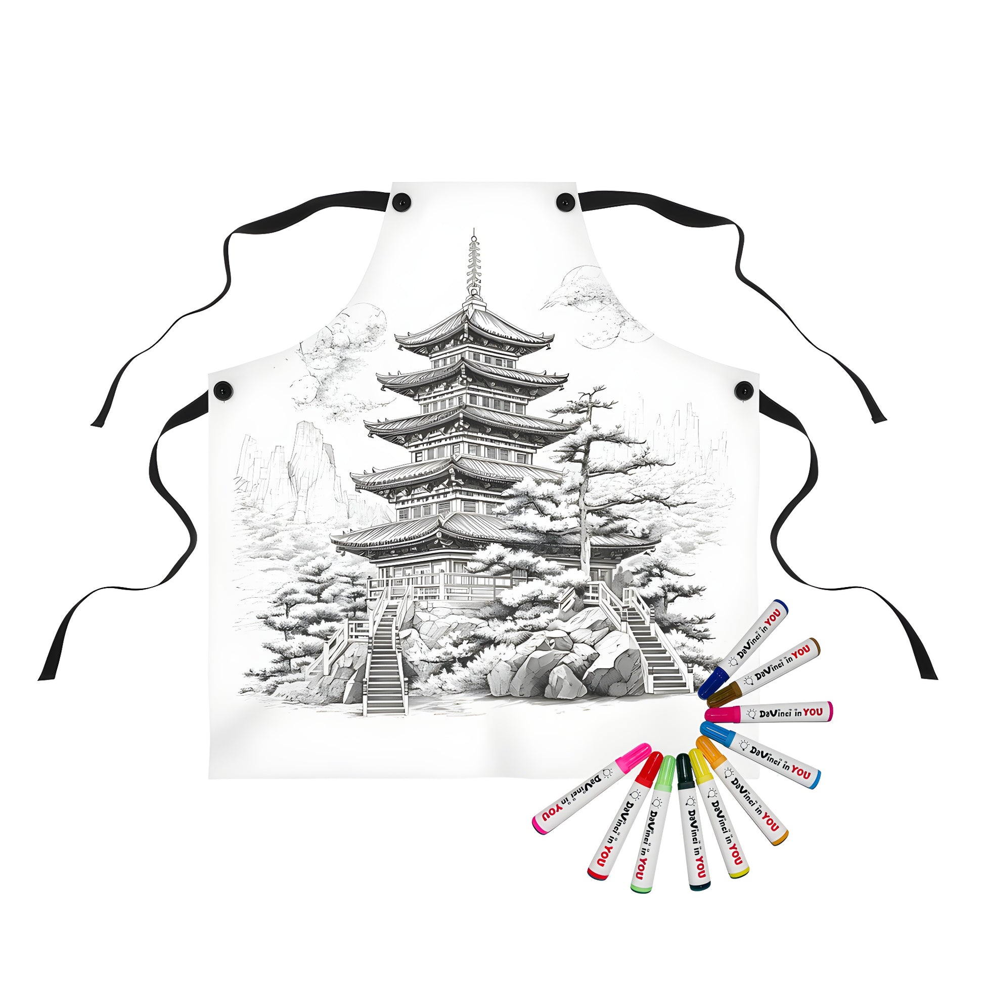 Traditional pagoda inspired apron design with intricate black and white illustration of multi-story temple surrounded by nature