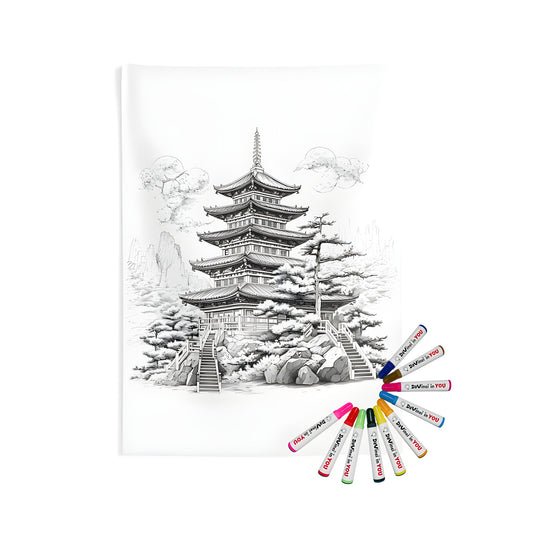 Intricate black and white temple illustration of a traditional multi-story pagoda surrounded by nature on an indoor wall tapestry