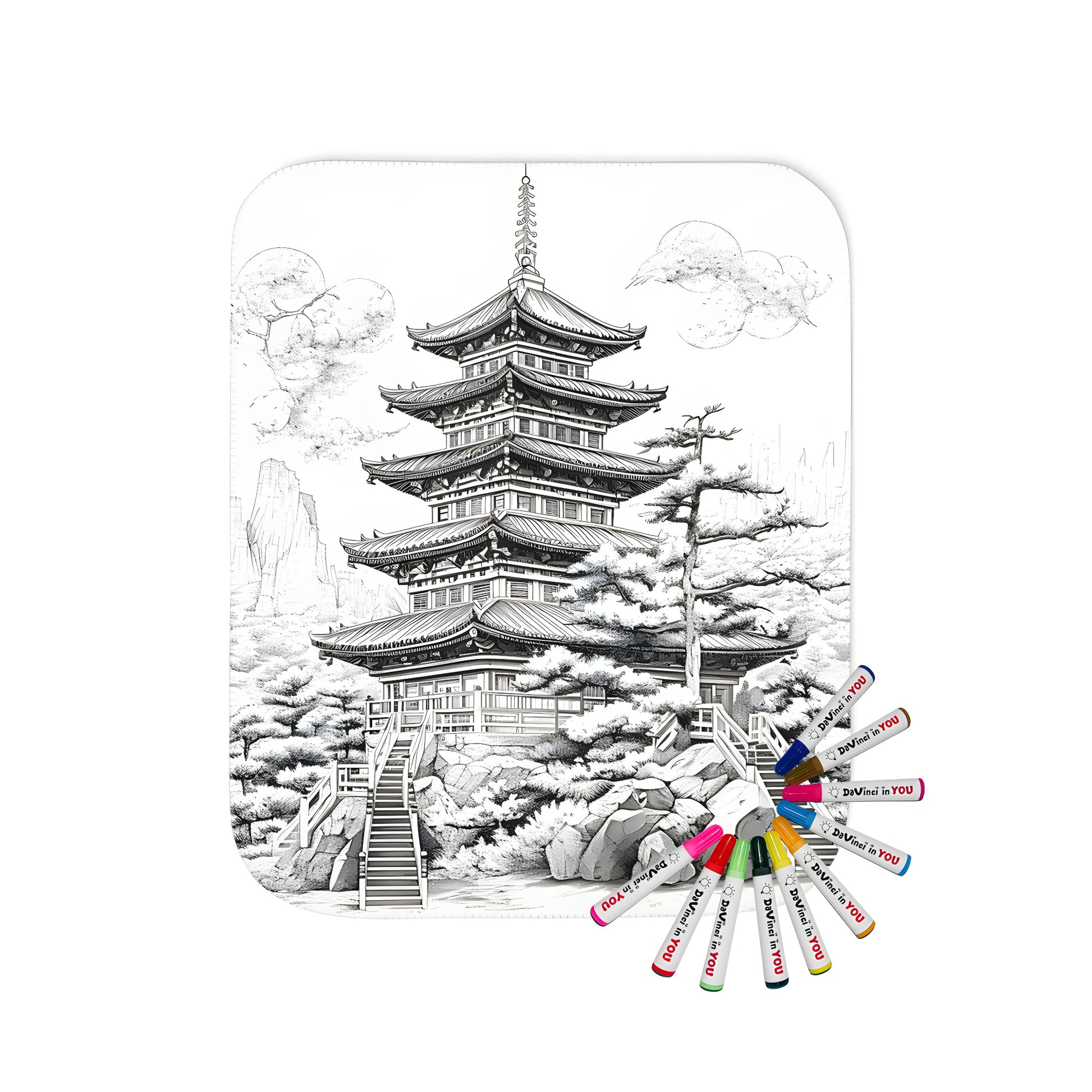 Intricate black and white temple illustrations on soft cozy blanket for coloring with fabric markers