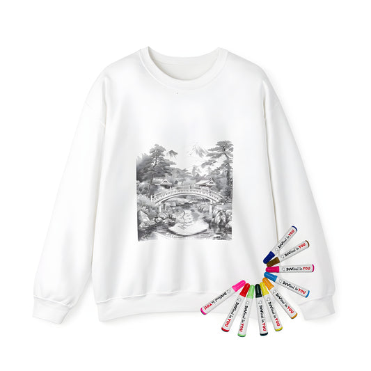 Adult sweatshirt featuring a beautiful Japanese garden scene with a scenic bridge over a serene pond, surrounded by lush trees and a majestic mountain peak.