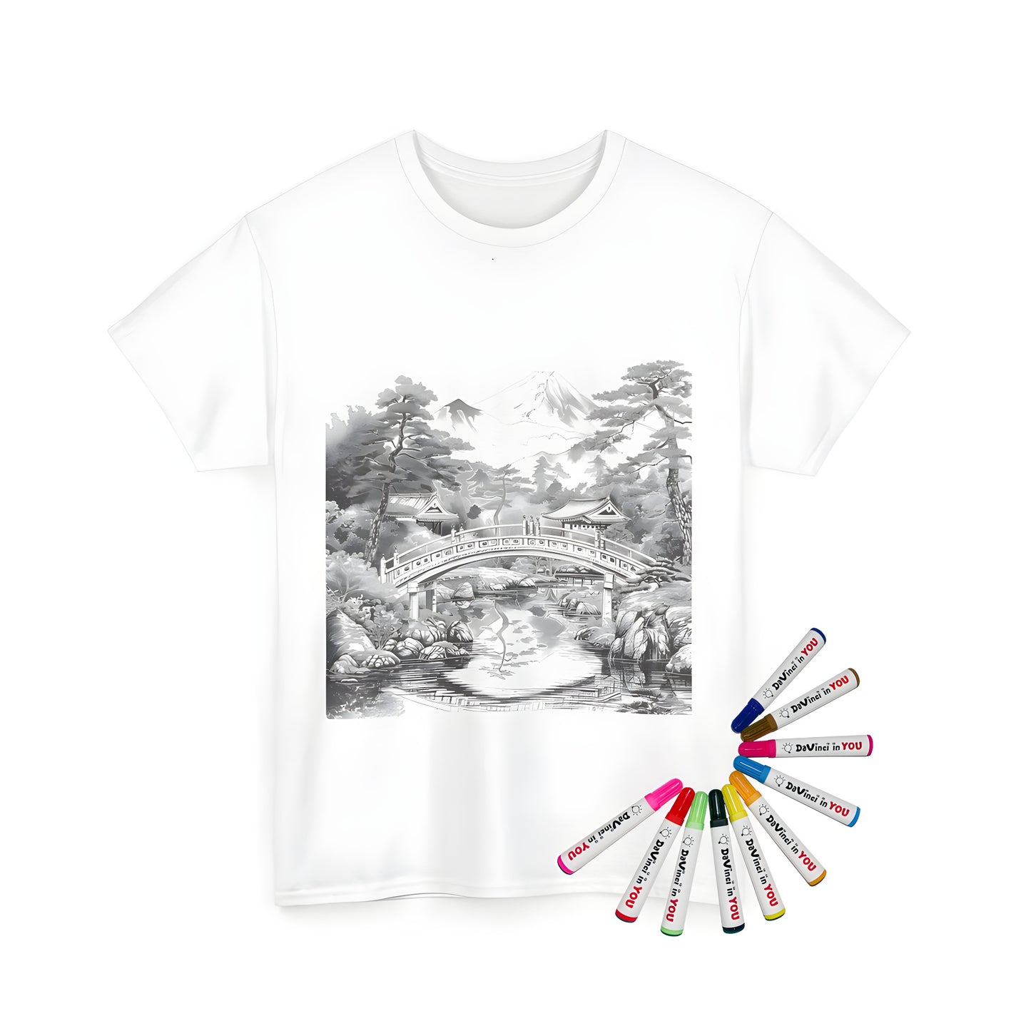 Unisex t-shirt featuring a colorful Japanese garden design with a decorative hill, summit, peak and scenic bridge over a serene pond, surrounded by trees and snow-covered mountainside