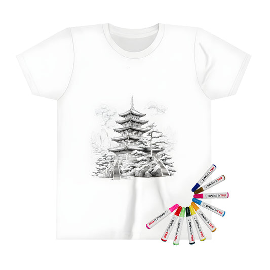 Intricate temple, pagoda style architecture, and traditional Japanese garden illustration printed on a Kid's T-shirt