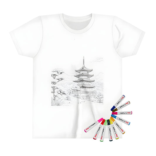 Child's Japanese temple coloring page graphic print on kid's t-shirt