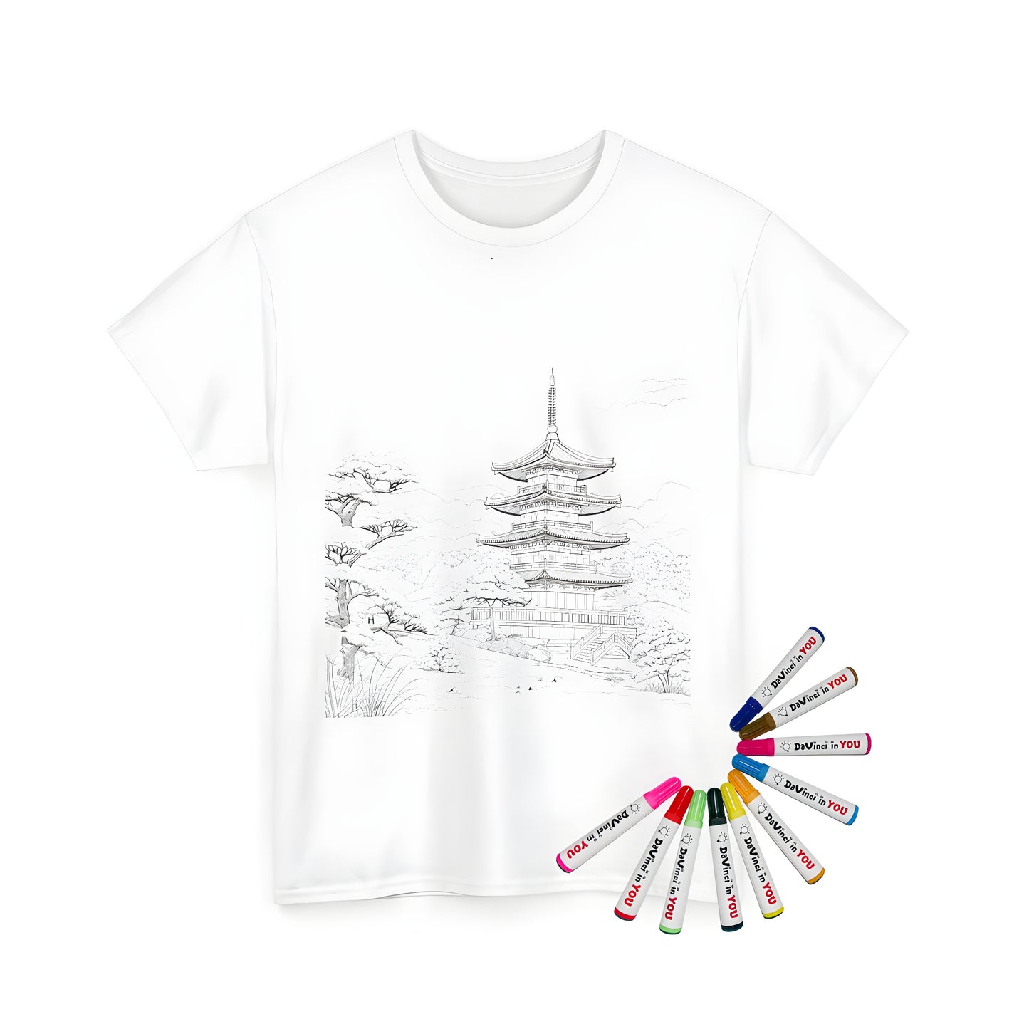 Detailed outline of a five-story pagoda architecture on a unisex t-shirt for coloring with fabric markers