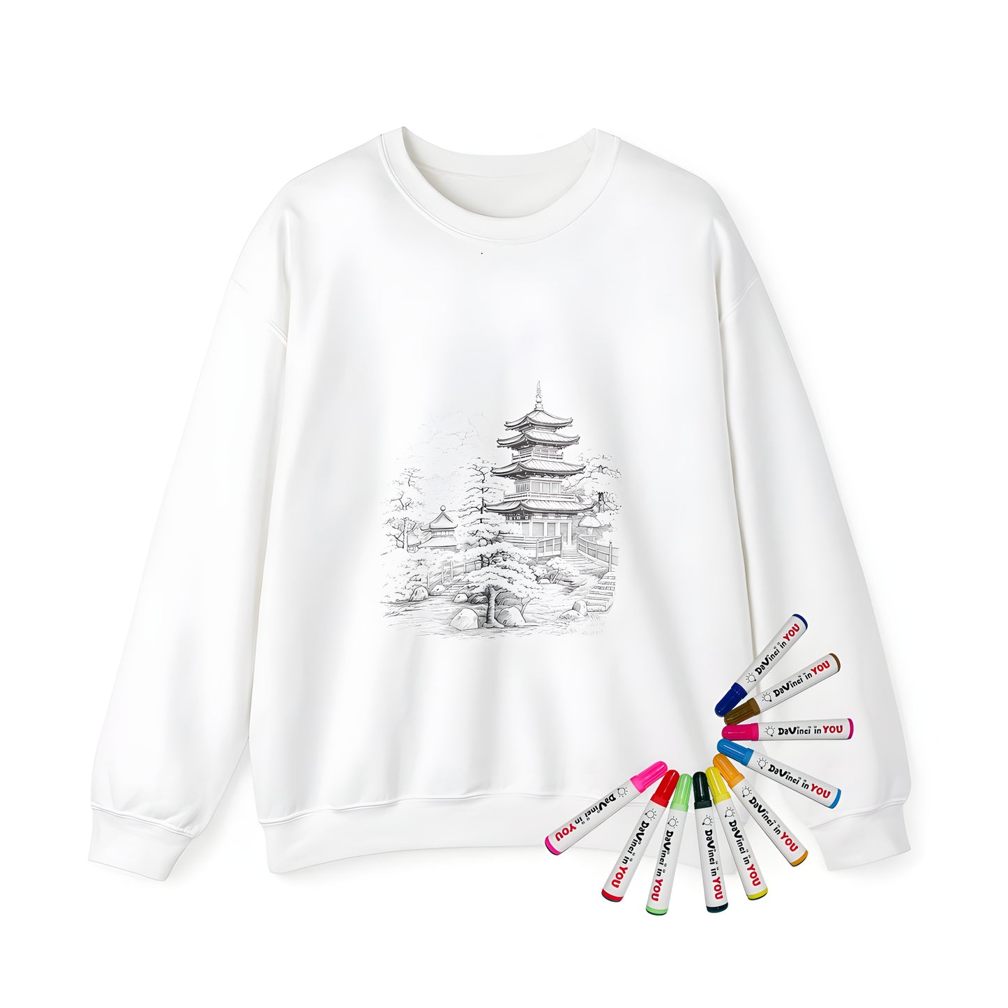 Adult sweatshirt featuring a traditional Japanese pagoda design with serene garden and trees, perfect for fans of Asian culture