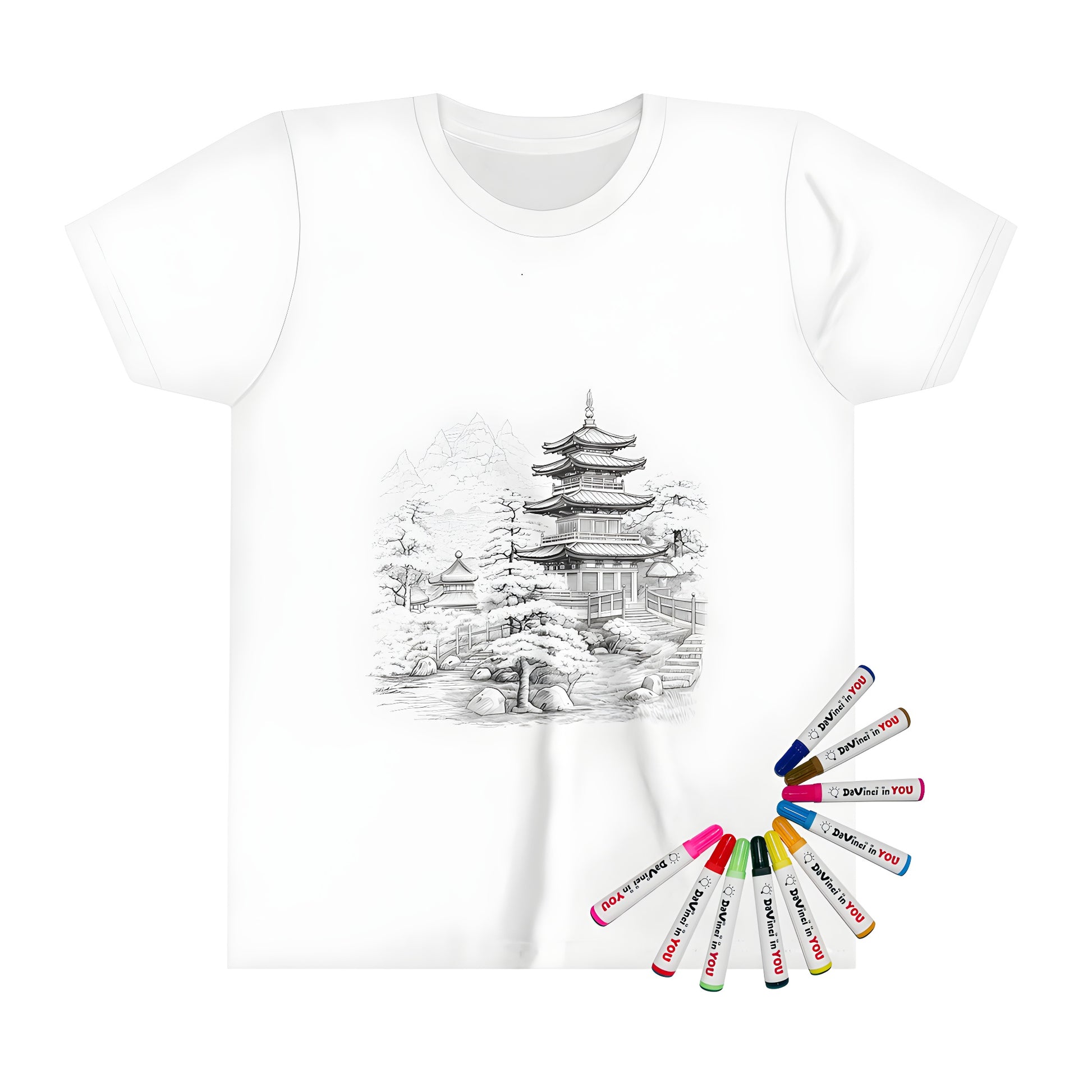 Kid's t-shirt with traditional Japanese pagoda design, garden scenery and trees