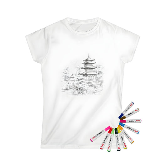 Women's t-shirt with traditional Japanese pagoda design, garden, trees and distant mountains - authentic Asian temple inspiration