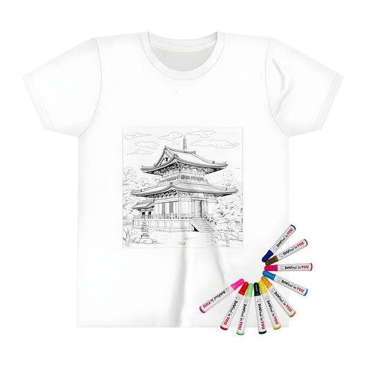 Traditional Japanese temple pagoda design print on kids' t-shirt, surrounded by nature