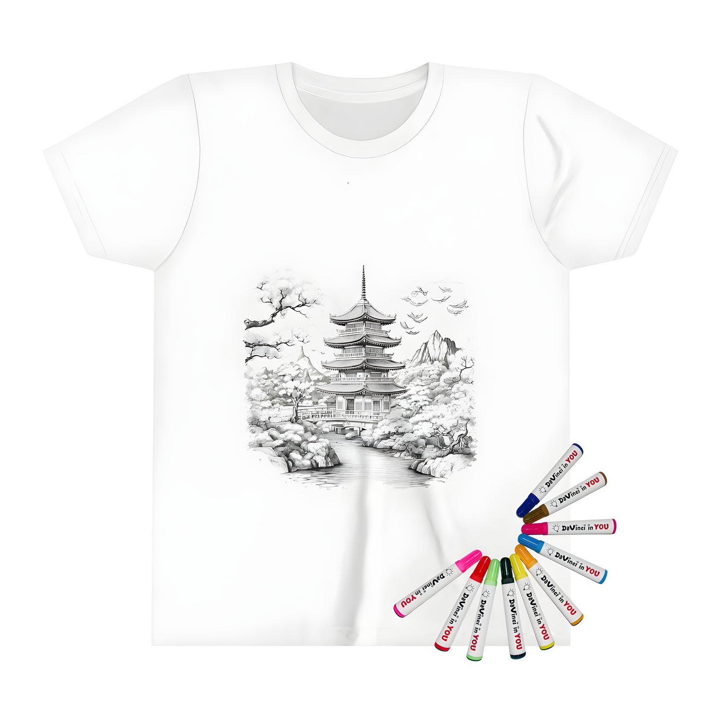 Colorful kid's t-shirt featuring an Asian-inspired pagoda temple illustration by a serene lake