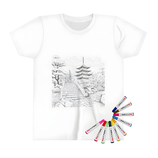 Coloring kit for kid's t-shirt featuring an intricate pagoda design with stairs, trees and garden