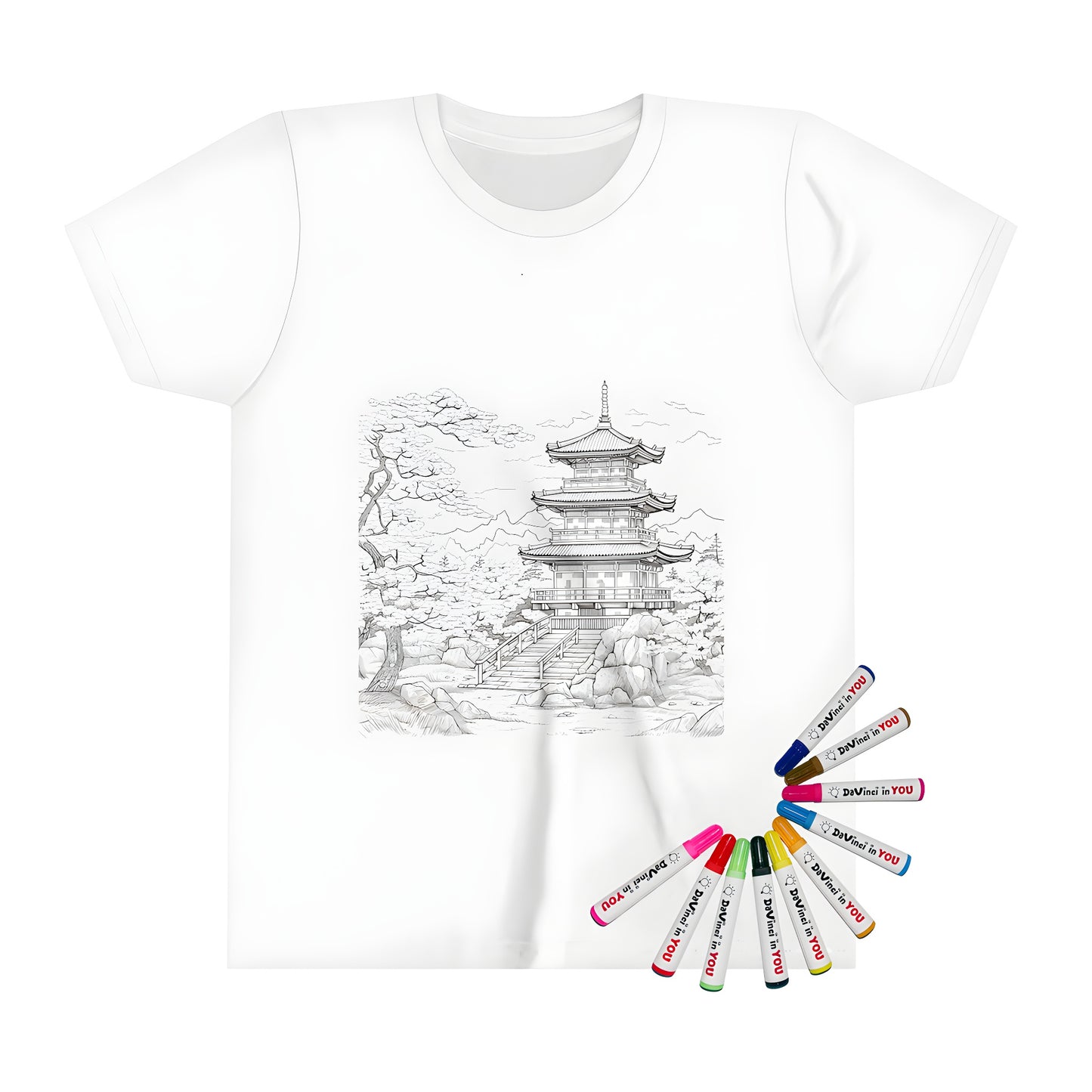 Kid's t-shirt with a colorful Japanese pagoda design amidst trees and mountains