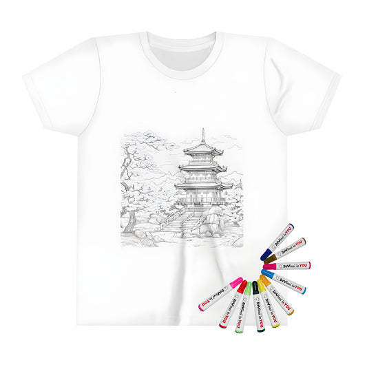 Kid's t-shirt with a colorful Japanese pagoda design amidst trees and mountains