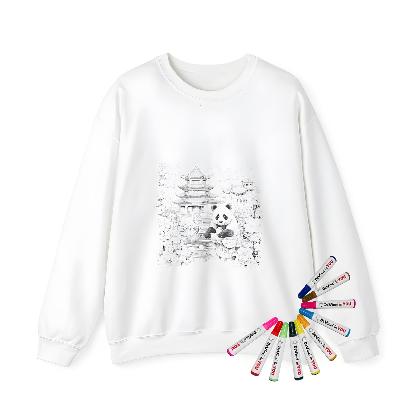 Adult sweatshirt with black and white illustration of giant panda sitting near traditional Chinese architecture pagoda in serene natural setting.