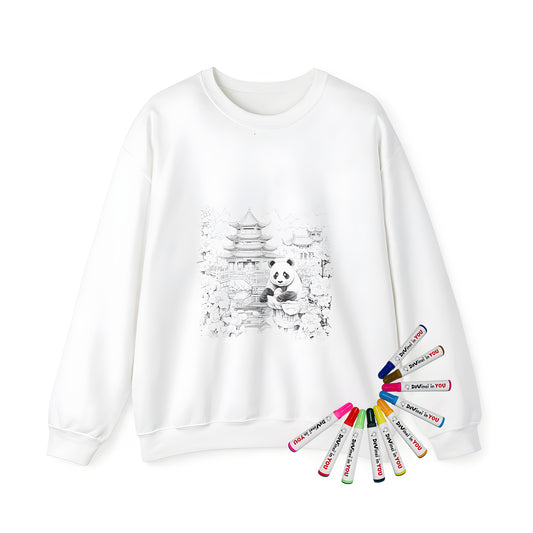 Adult sweatshirt with black and white illustration of giant panda sitting near traditional Chinese architecture pagoda in serene natural setting.