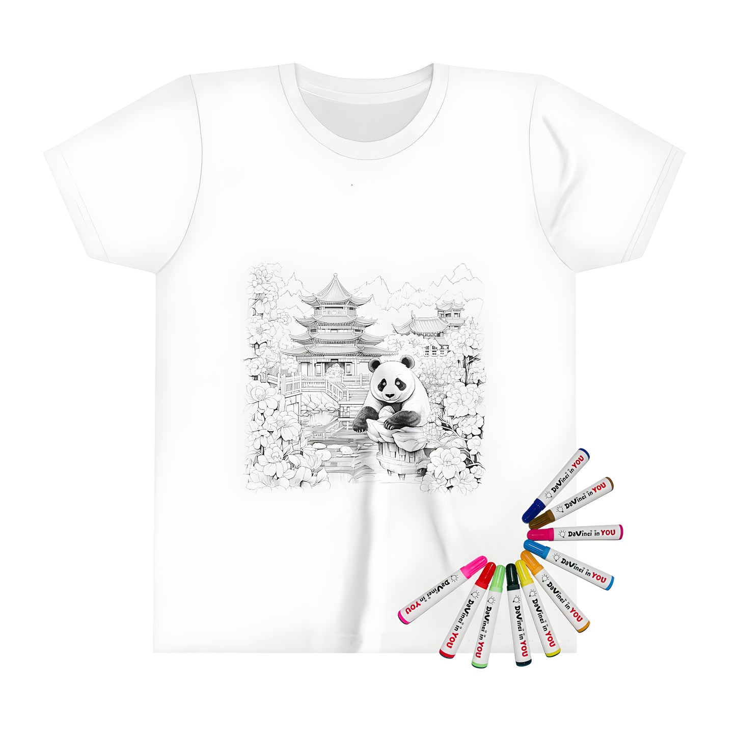 Kid's T-shirt featuring an illustration of a giant panda sitting near a serene pond with traditional Chinese architecture, temples, pagodas, flowers, and mountains in the background, all in black and white. Perfect for little ones to express their love for nature and culture.