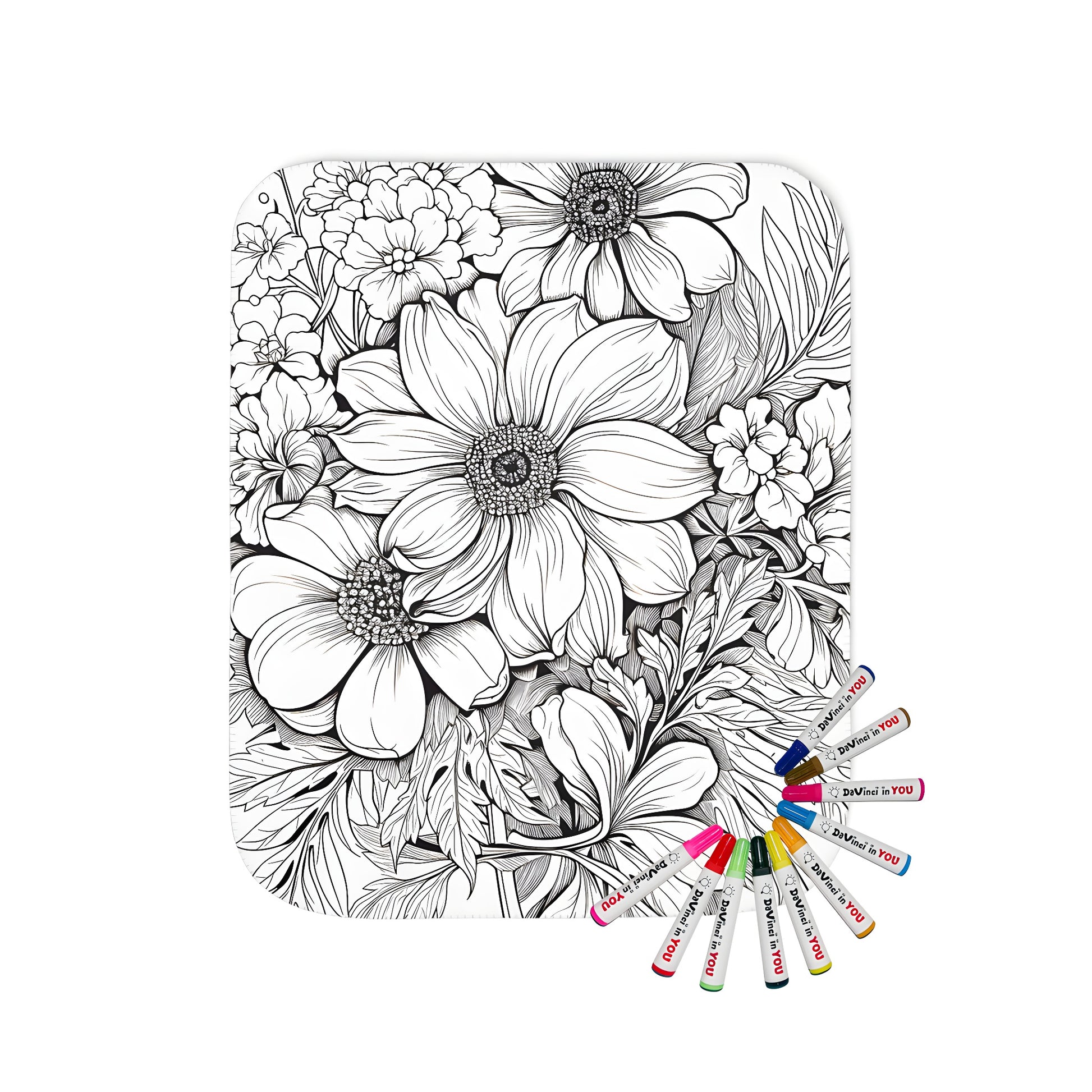 Floral arrangement blanket with black and white detailed line art pattern, perfect for coloring with fabric markers