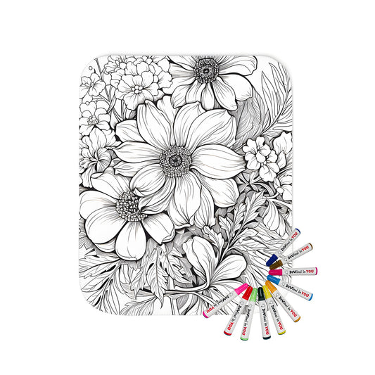 Floral arrangement blanket with black and white detailed line art pattern, perfect for coloring with fabric markers