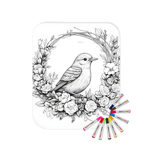 Blanket with intricate floral wreath design featuring a bird illustration