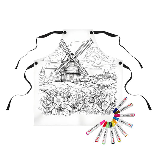 Cozy countryside scene apron with detailed windmill, blooming wildflowers, and rolling hills illustration