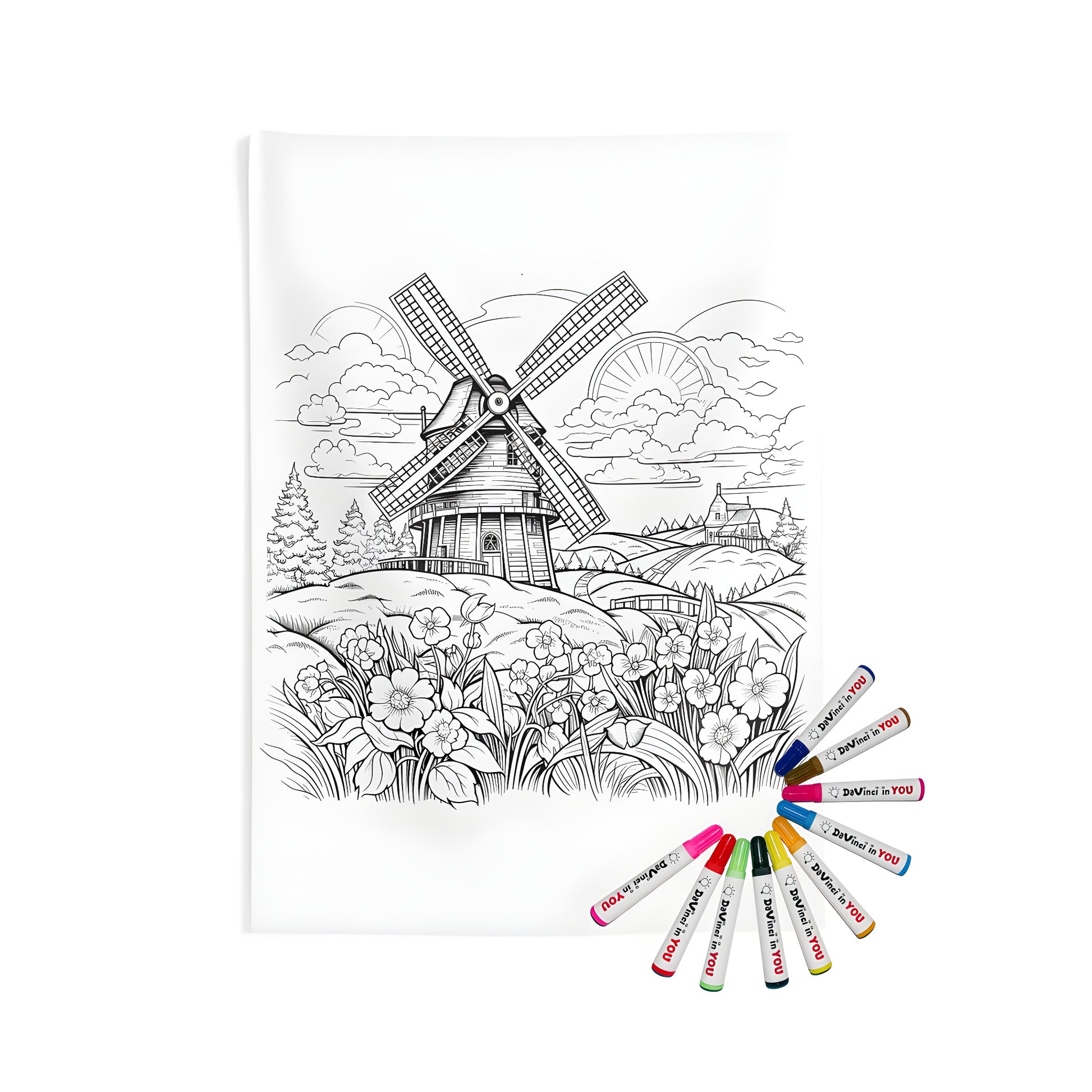 Rustic wall hanging, countryside landscape art, detailed windmill scene