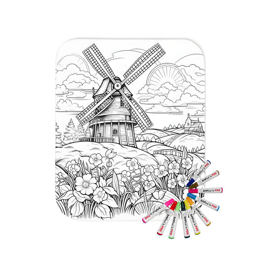 Cozy blanket featuring a detailed landscape scene with a windmill, blooming flowers, a house, and rolling hills under a cloudy sky