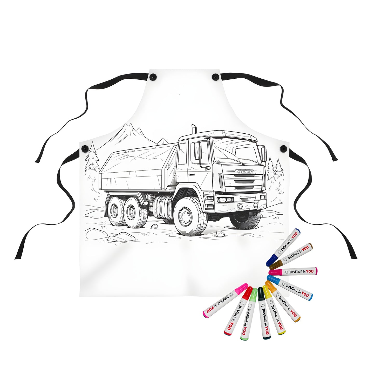 Apron with vibrant truck illustration design for kids and adults to color