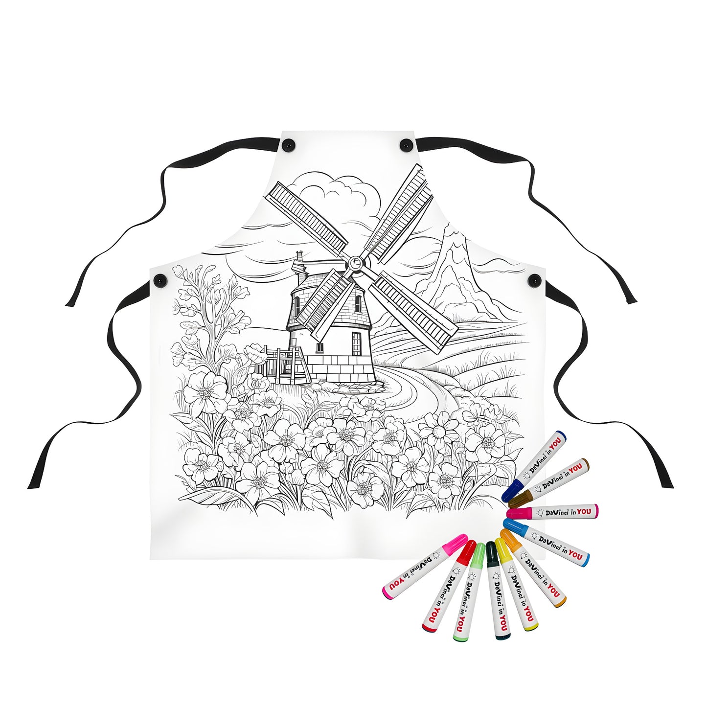 Coloring apron with windmill landscape design, featuring countryside scenery and vibrant flowers