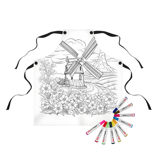 Coloring apron with windmill landscape design, featuring countryside scenery and vibrant flowers