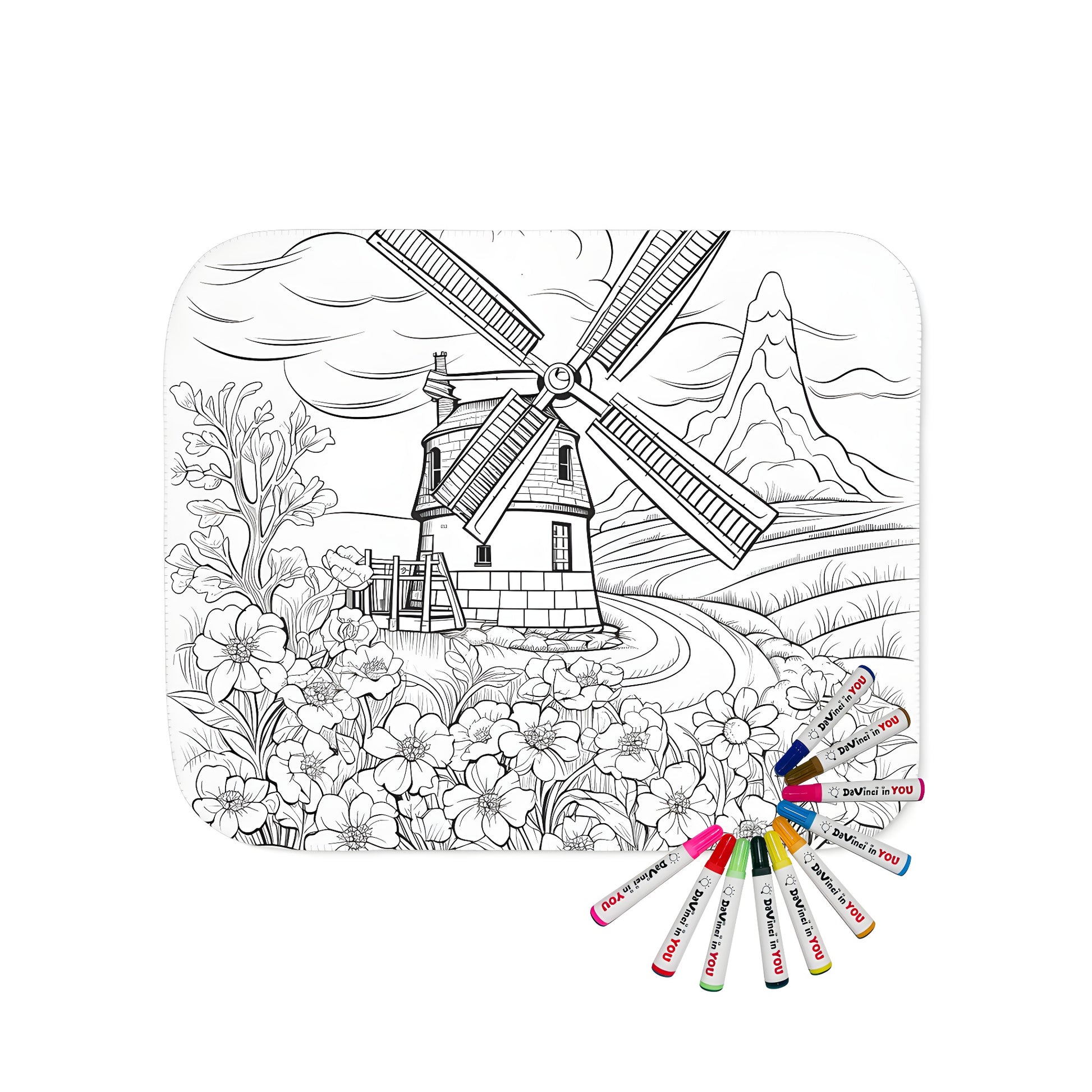 Blanket coloring kit with windmill landscape design and flowers