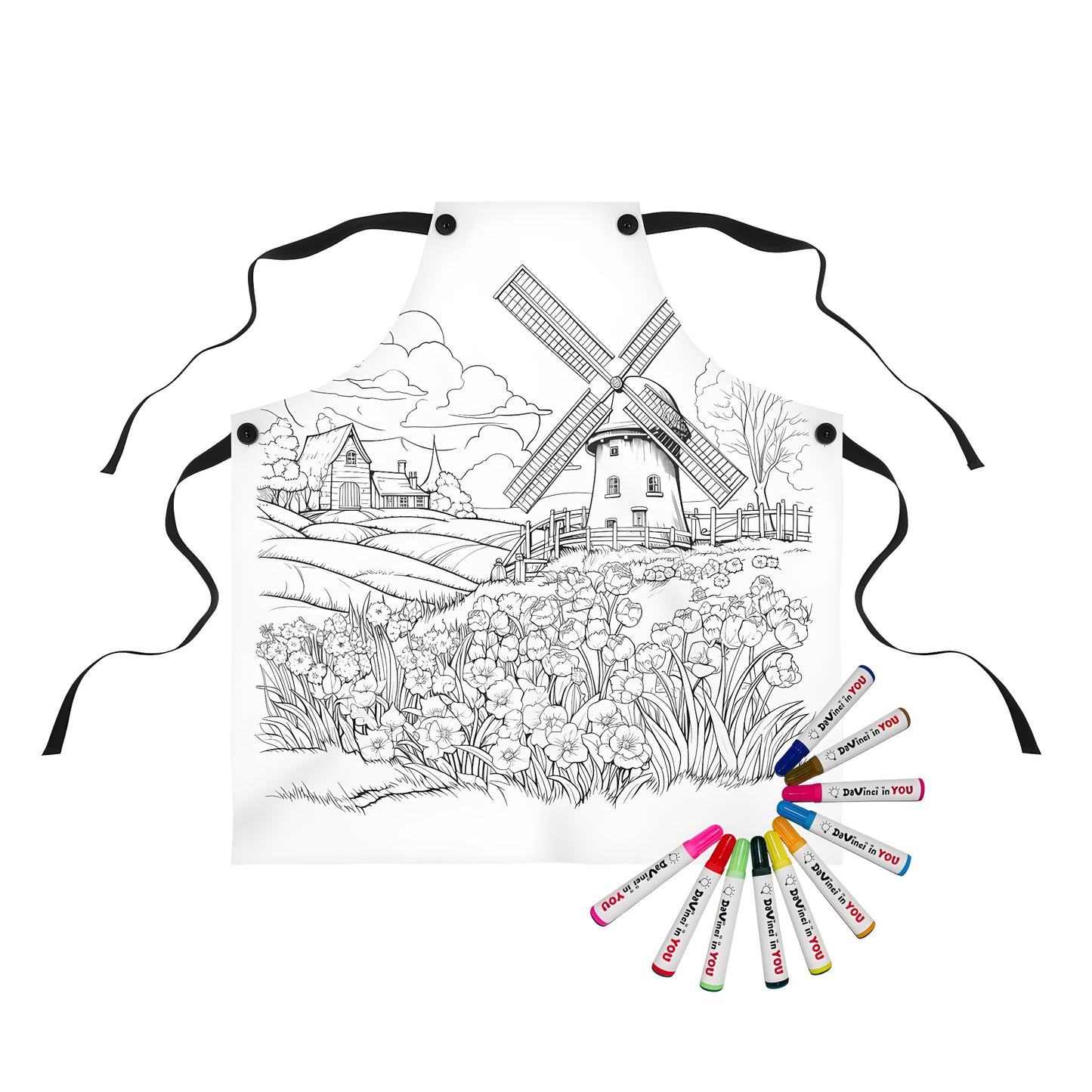 Aprons featuring serene countryside scenes with windmills, cottages, blooming flowers, trees, and fields for coloring