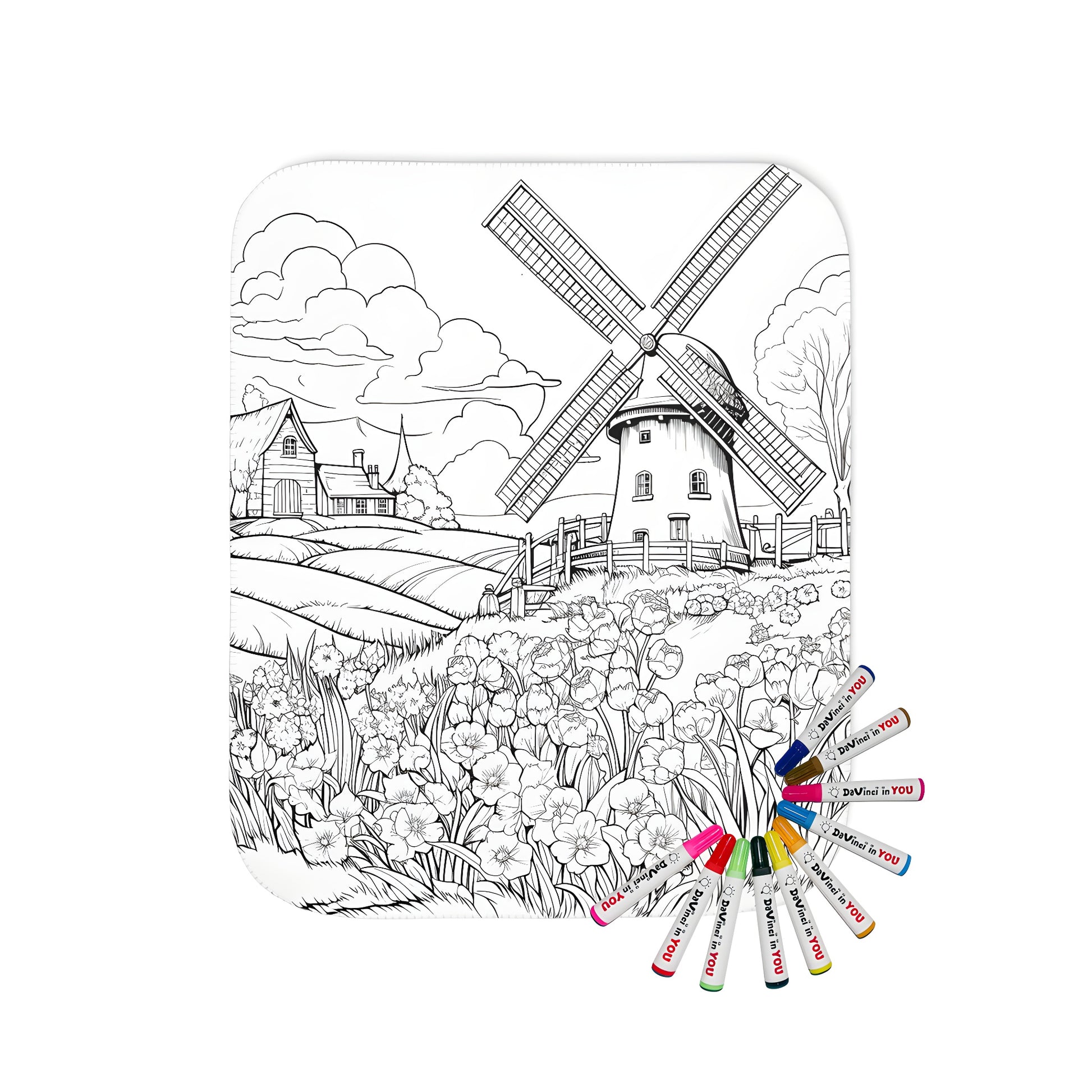 Cozy blanket featuring a serene countryside landscape with windmill, cottage, flowers, trees, and fields - perfect for adult coloring