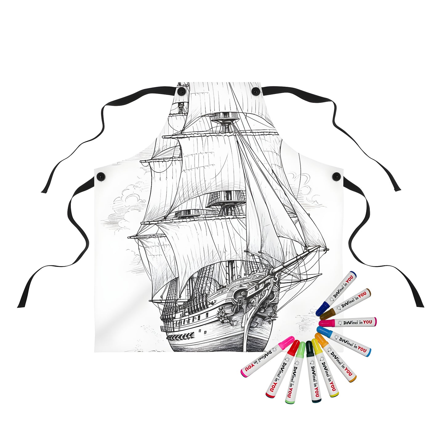 Colorful vintage sailing vessel apron with detailed illustrations of an antique ship at sea