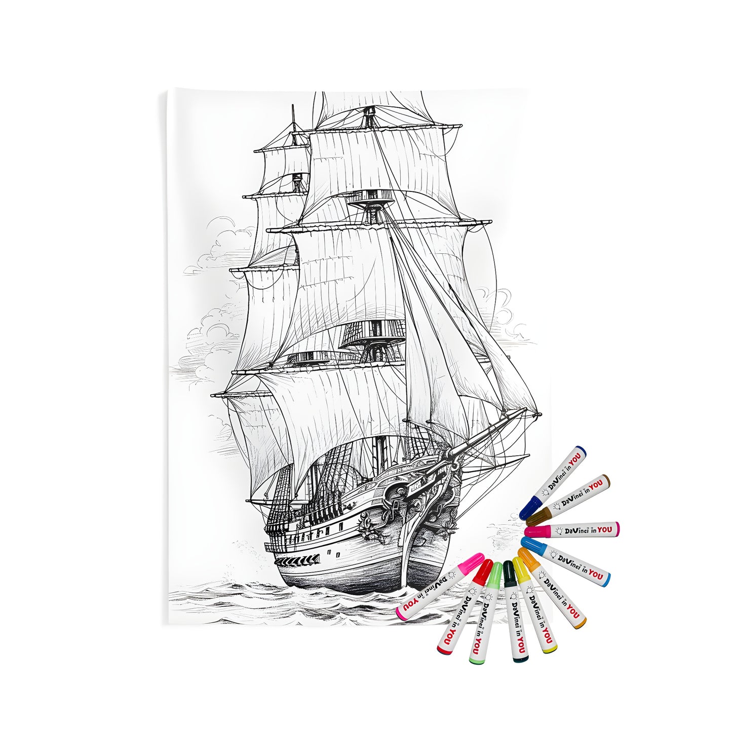 Indoor wall tapestry of an antique sailing vessel with multiple masts and sails on the ocean