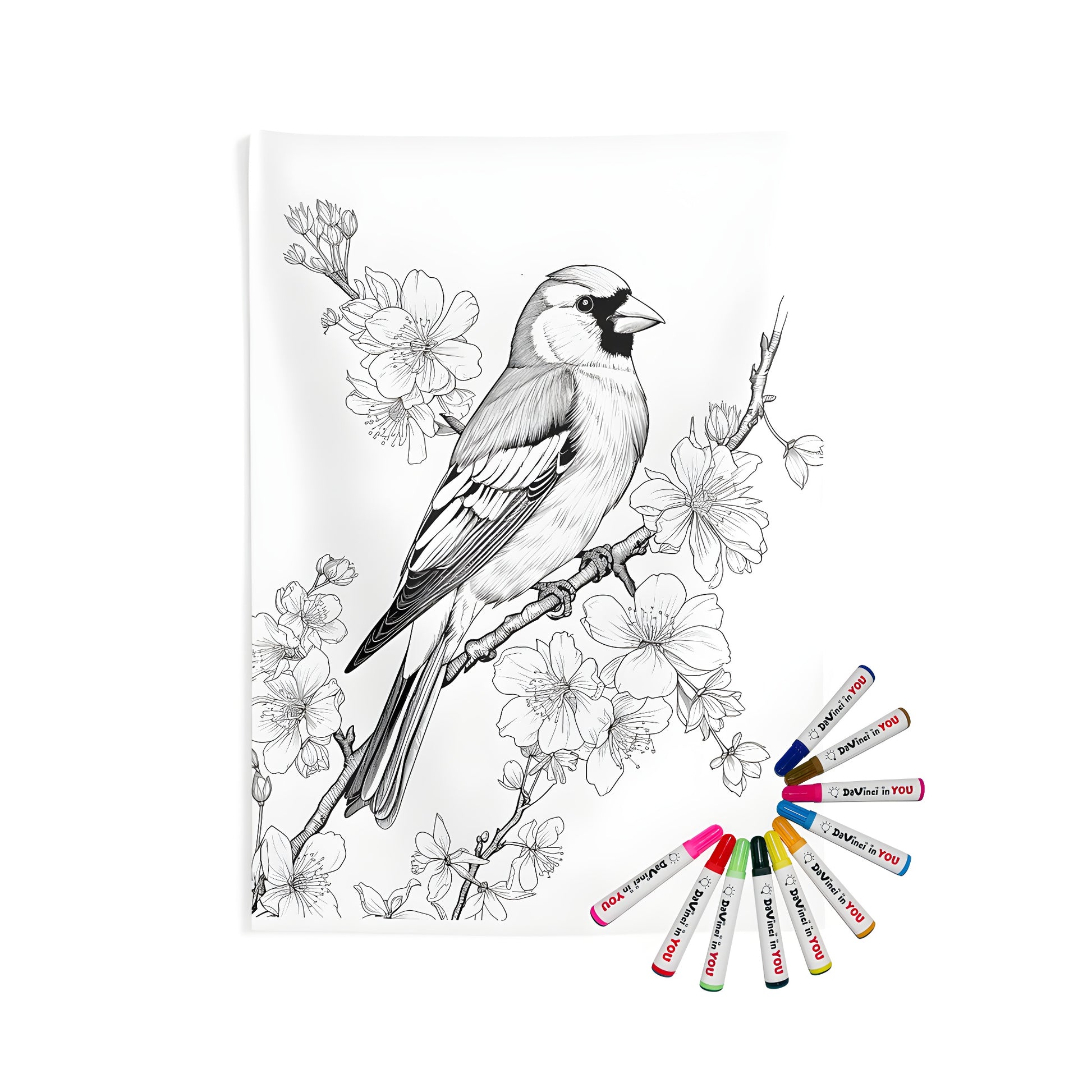 Colorful songbirds perched on a blossoming branch wall tapestry