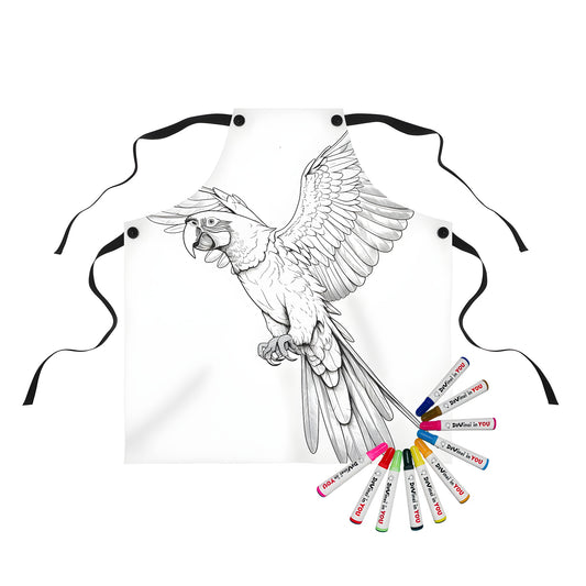 Coloring apron featuring a detailed black and white line drawing of a parrot flying with its wings fully extended, perfect for creativity and fun