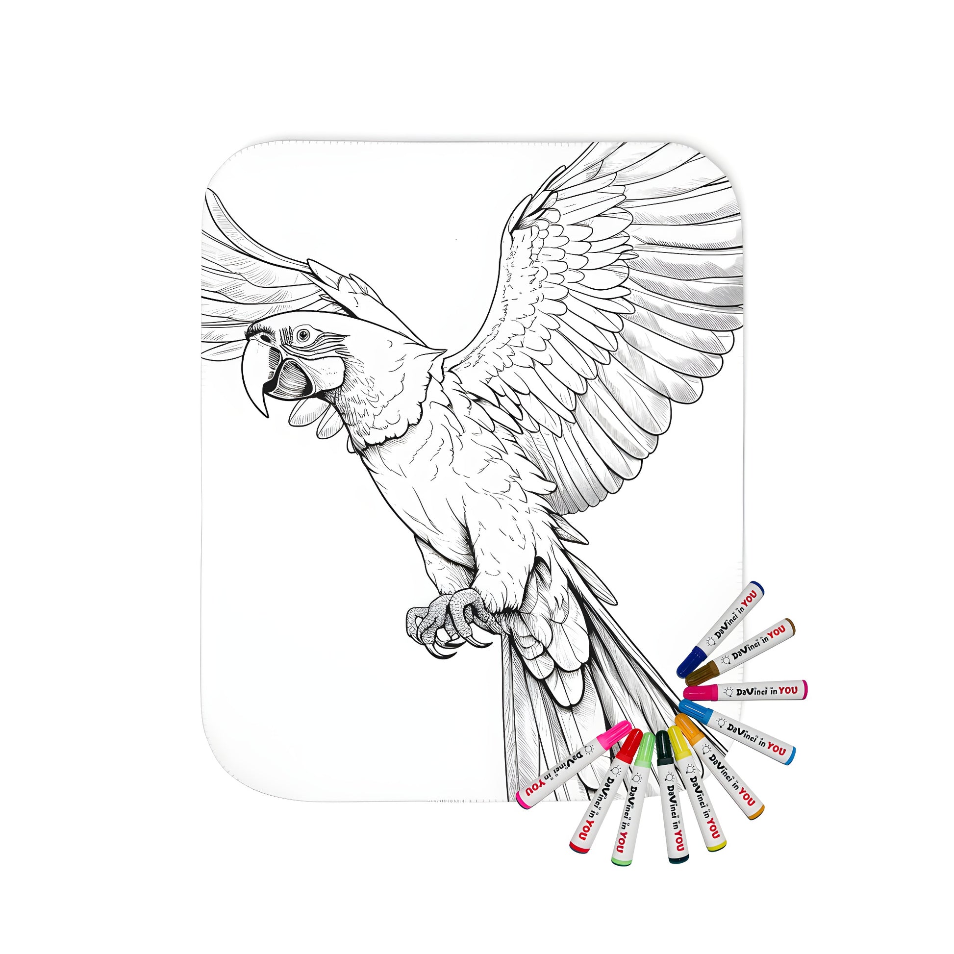 Coloring kit with fabric markers on a blank canvas featuring a detailed illustration of a tropical bird flying with its wings spread wide