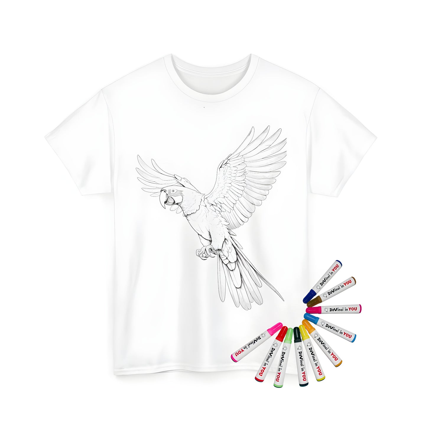 Unisex t-shirt featuring a colorful parrot design with wings outstretched, great for fans of birds and art