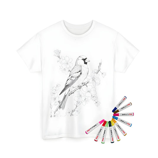 Unisex t-shirt with vibrant songbird illustration and blossoms