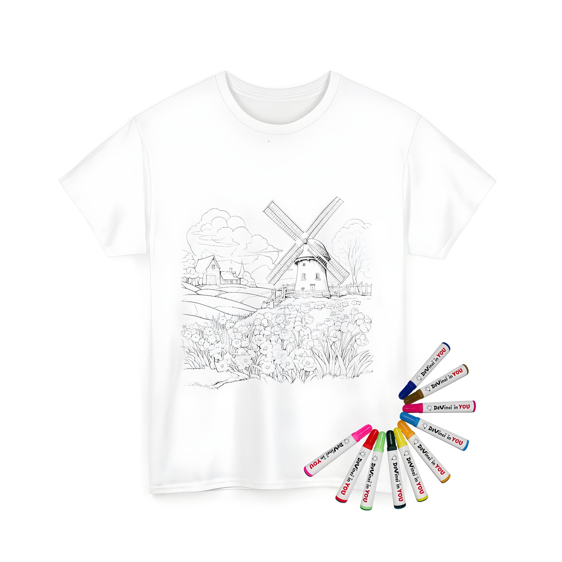 Unisex t-shirt featuring a serene countryside scene with a windmill and cottage