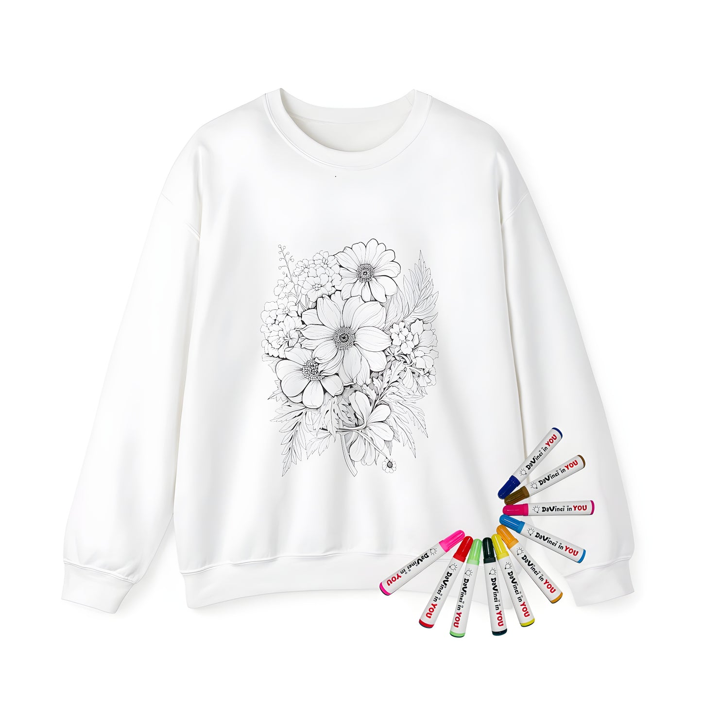 Adult sweatshirt with colorful floral designs, intricate line art of blossoming flowers and lush green leaves