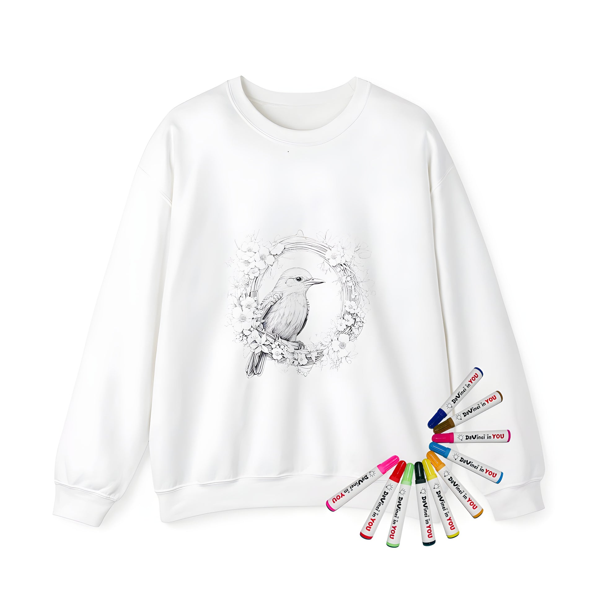 Adult sweatshirt featuring intricate bird illustration perched on a floral wreath design