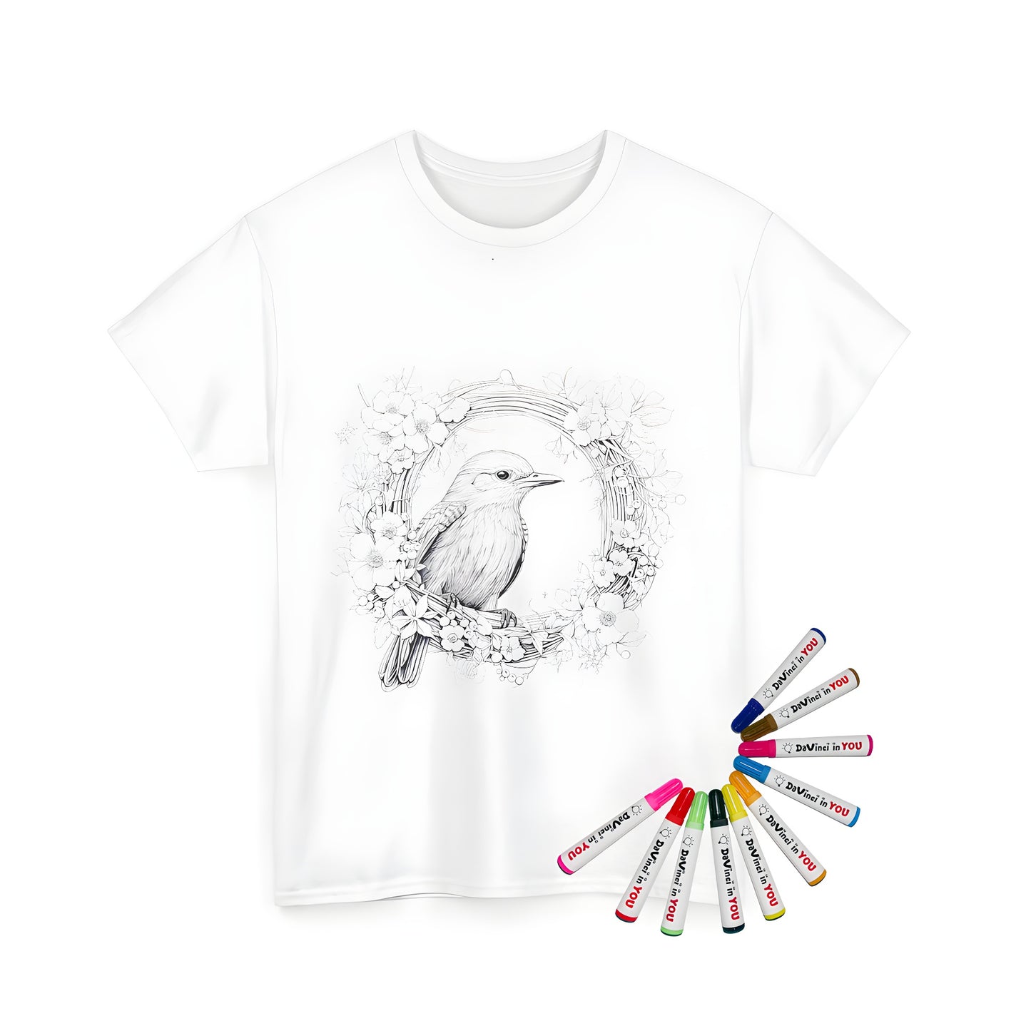 Intricate bird perched floral wreath coloring design on unisex t-shirt