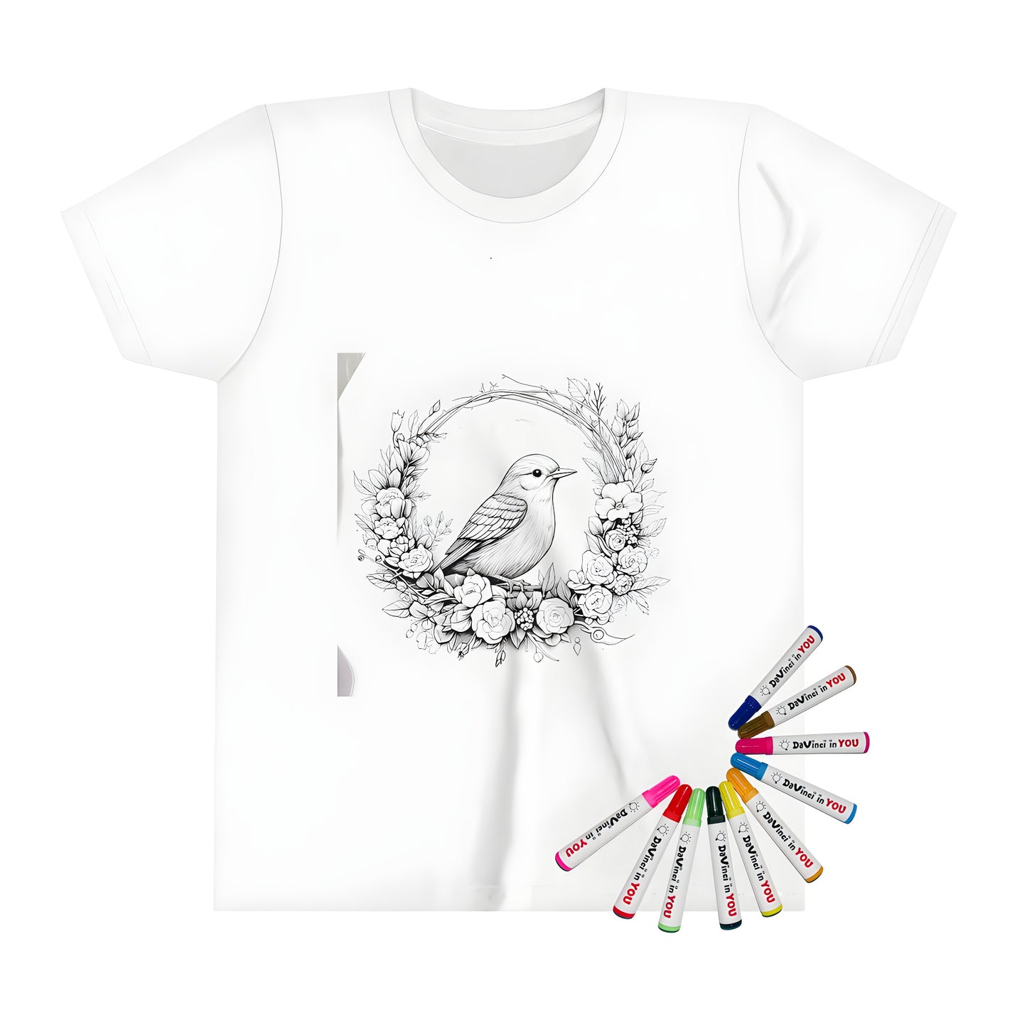 Detailed black & white drawing of bird surrounded by floral wreath on kids t-shirt