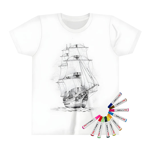 Detailed line drawing of an antique sailing vessel with multiple masts and sails on the ocean, printed on a kid's t-shirt