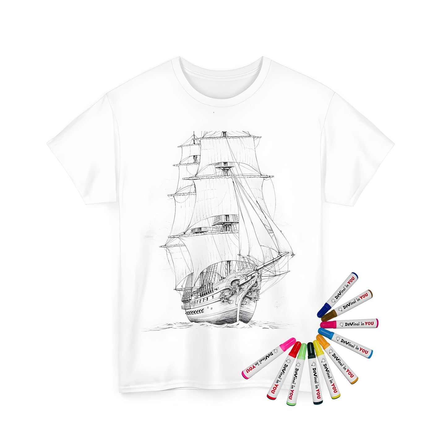 Unisex T-shirt featuring a detailed line drawing of an antique sailing vessel with multiple masts and sails on the ocean, perfect for coloring