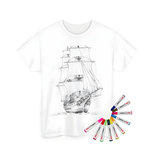 Unisex T-shirt featuring a detailed line drawing of an antique sailing vessel with multiple masts and sails on the ocean, perfect for coloring