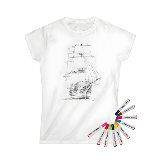 Women's t-shirt with a beautiful sailing vessel design, featuring a detailed line drawing of an antique ship with multiple masts and sails on the ocean, from a coloring page, perfect for nautical enthusiasts, sailors, and those who love the sea.