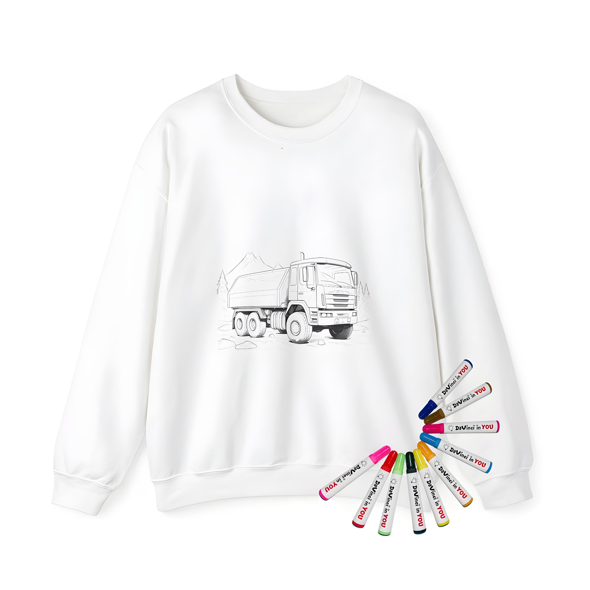 Adult sweatshirt with coloring page design of Black and white illustration of a large [semi-truck/truck hauler/big rig] in front of mountains for adults